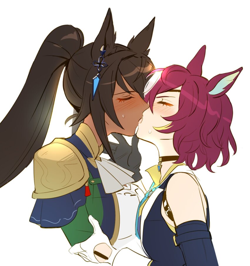 2girls, animal_ears, ascot, black_choker, black_gloves, black_jacket, black_sleeves, boro^2