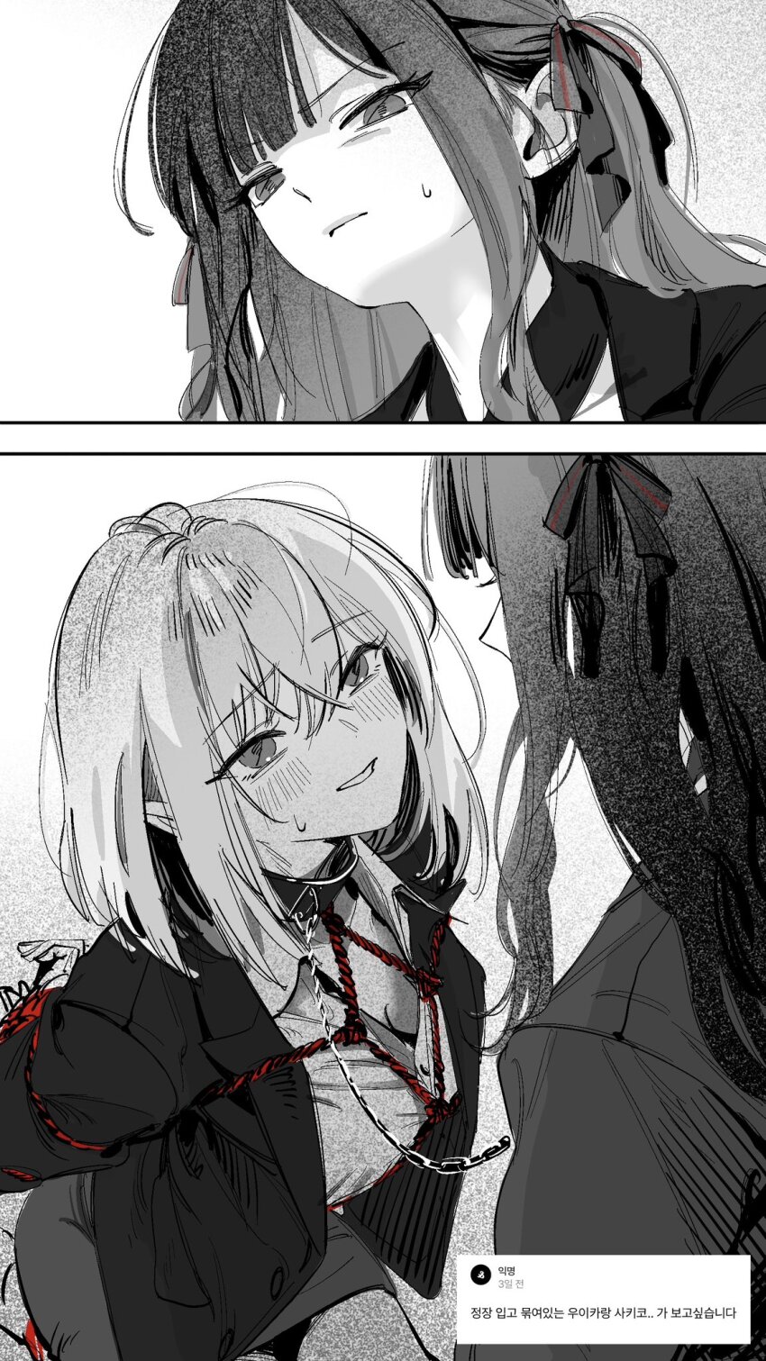 12thfog, 2girls, arms_behind_back, bang_dream!, bang_dream!_it's_mygo!!!!!, bdsm, blush, bondage, bound, breasts, cleavage, collared_shirt, greyscale, hair_ribbon, highres, holding, holding_leash, korean_text, leash, long_hair, looking_at_another, misumi_uika, monochrome, multiple_girls, parted_lips, pencil_skirt, ribbon, seiza, shirt, sitting, skirt, spot_color, sweat, togawa_sakiko, translation_request, two_side_up, yuri