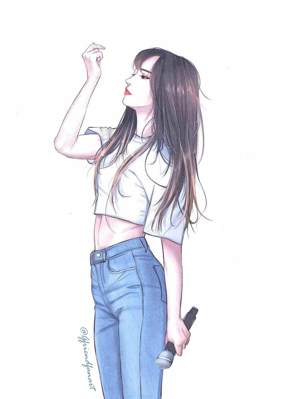 1girl, arm_up, brown_hair, closed_mouth, commentary, crop_top, denim, eyeshadow