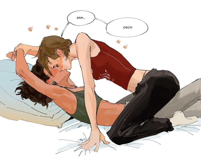 2girls, black_pants, blush, brown_hair, commentary, crop_top, earrings, english_commentary, formula_one, genderswap, genderswap_(mtf), green_tank_top, grey_pants, highres, holding_another's_wrist, jewelry, kiss, lando_norris, multiple_girls, necklace, oscar_piastri, pants, qualitysaccount, red_tank_top, short_hair, simple_background, speech_bubble, tank_top, white_background, yuri