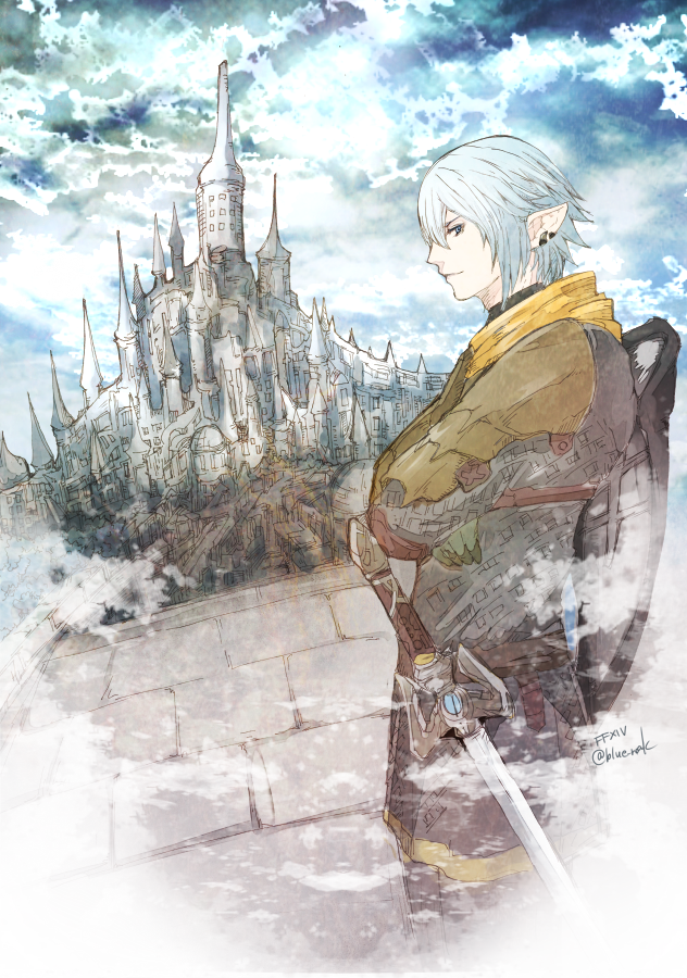 1boy, armor, blue_eyes, blue_hair, chainmail, city, closed_mouth, commentary_request