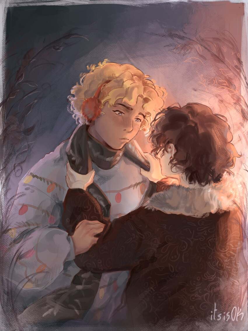 2boys, adjusting_scarf, black_hair, black_scarf, blonde_hair, brown_jacket, coat, commentary