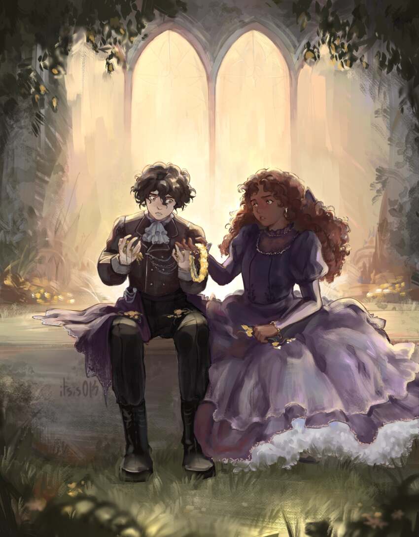 1boy, 1girl, backlighting, black_coat, black_hair, brother_and_sister, brown_hair, coat, commentary, curly_hair, dark-skinned_female, dark_skin, day, dress, english_commentary, formal_clothes, frills, full_body, hands_up, hazel_levesque, head_wreath, highres, holding_head_wreath, itsis0k, nico_di_angelo, outdoors, percy_jackson_and_the_olympians, purple_dress, short_hair, siblings, sitting, wilted_flower, worried