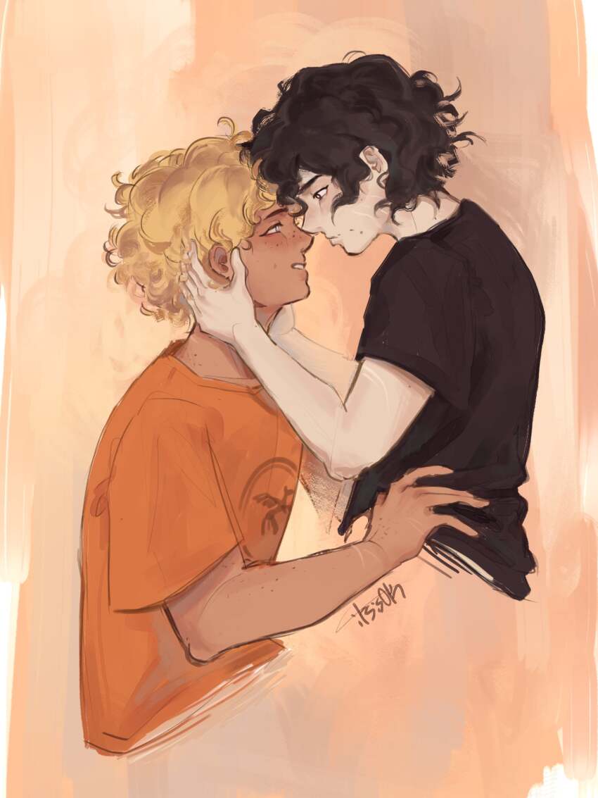 2boys, black_hair, black_shirt, blonde_hair, clothes_lift, commentary, dark-skinned_male, dark_skin, english_commentary, forehead-to-forehead, from_side, grin, hand_on_another's_face, heads_together, highres, itsis0k, looking_at_another, male_focus, multiple_boys, nico_di_angelo, orange_shirt, percy_jackson_and_the_olympians, print_shirt, shirt, shirt_lift, short_hair, smile, t-shirt, william_solace, yaoi