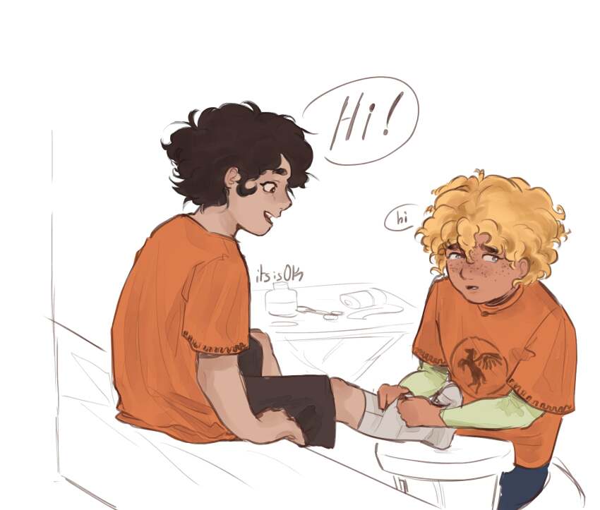 2boys, aged_down, averting_eyes, bandaged_foot, bandages, black_hair, black_shorts, blonde_hair