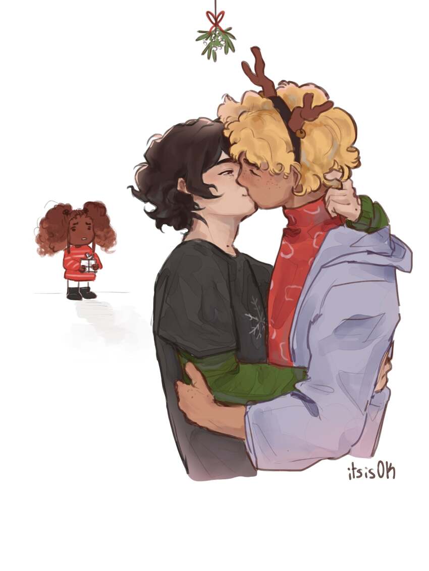 1girl, 2boys, animal_costume, antlers, black_hair, black_shirt, blonde_hair, brother_and_sister