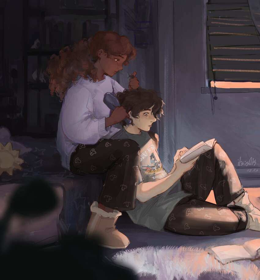 1boy, 1girl, black_eyes, black_hair, blurry, blurry_foreground, book, bookshelf