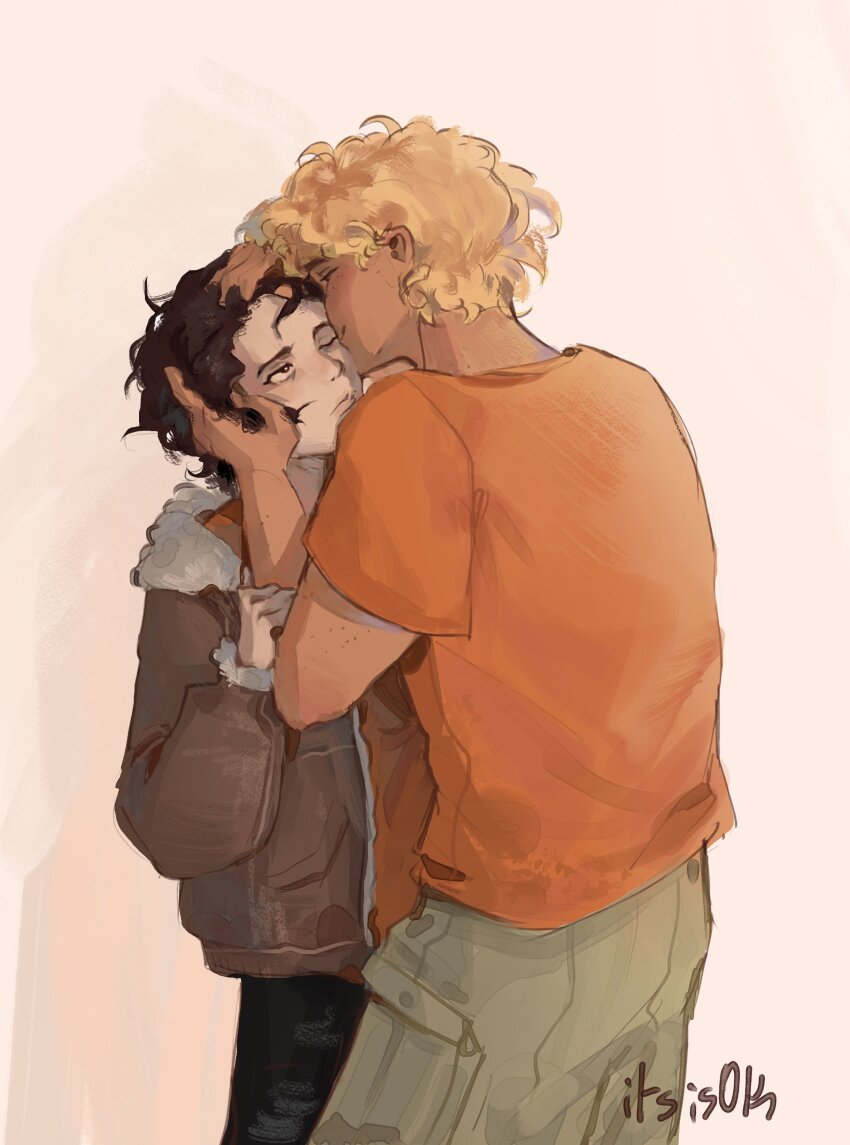 2boys, :t, absurdres, black_hair, blonde_hair, brown_jacket, closed_eyes, commentary