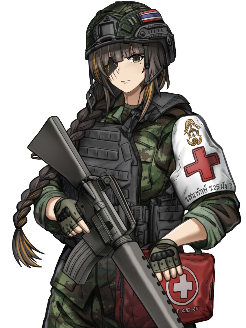 armband, assault_rifle, blunt_bangs, body_armor, brown_eyes, brown_hair, camouflage, camouflage_helmet