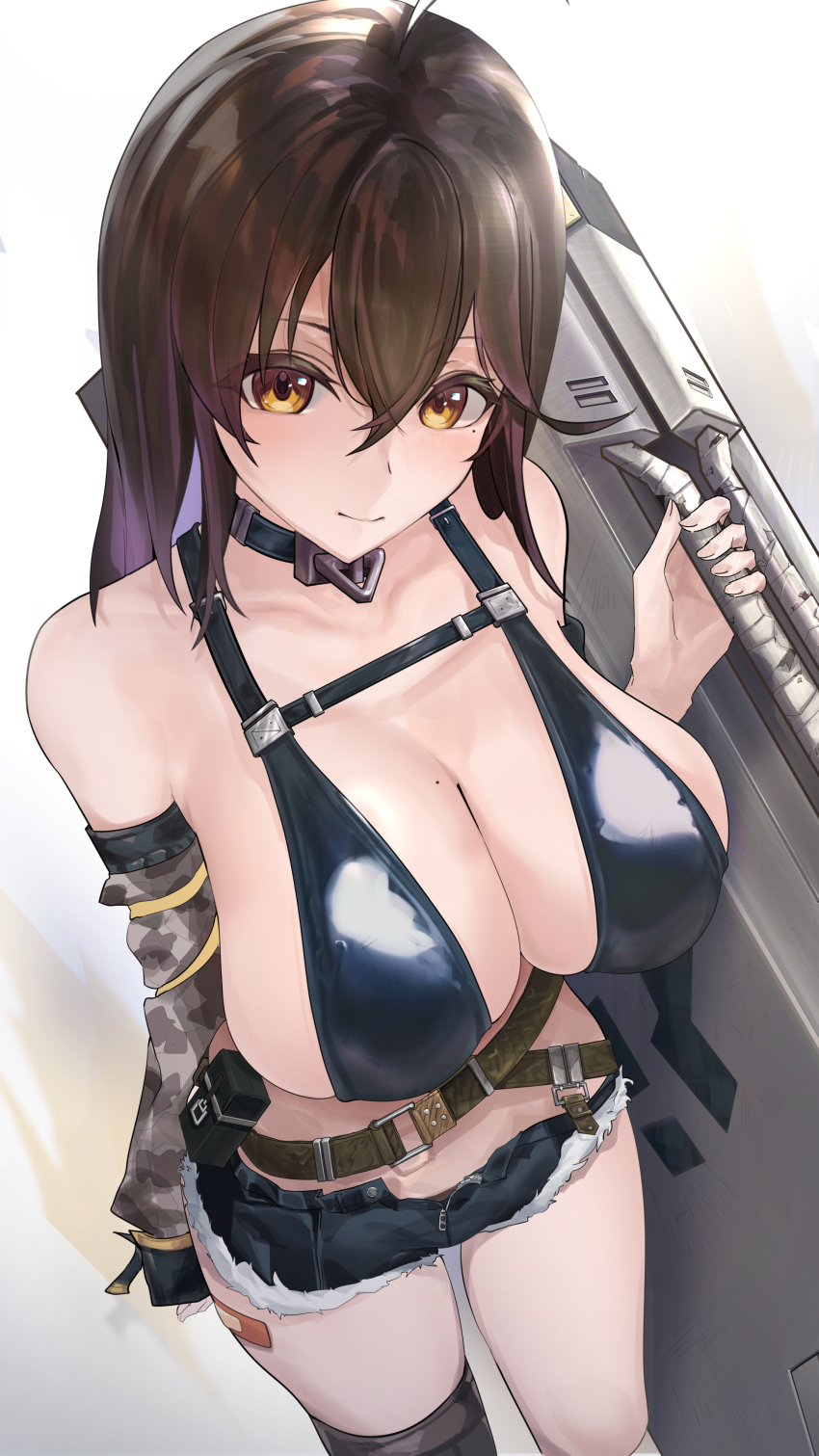 1girl, absurdres, bandaid_on_thigh, bare_shoulders, belt, belt_pouch, bikini, bikini_top_only