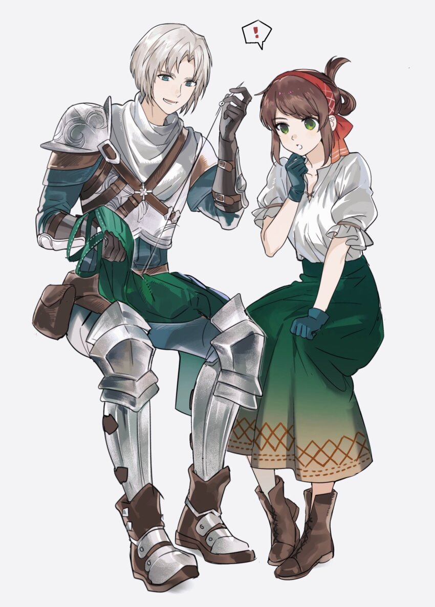 1boy, 1girl, armor, black_gloves, blue_eyes, blue_gloves, boots, breastplate