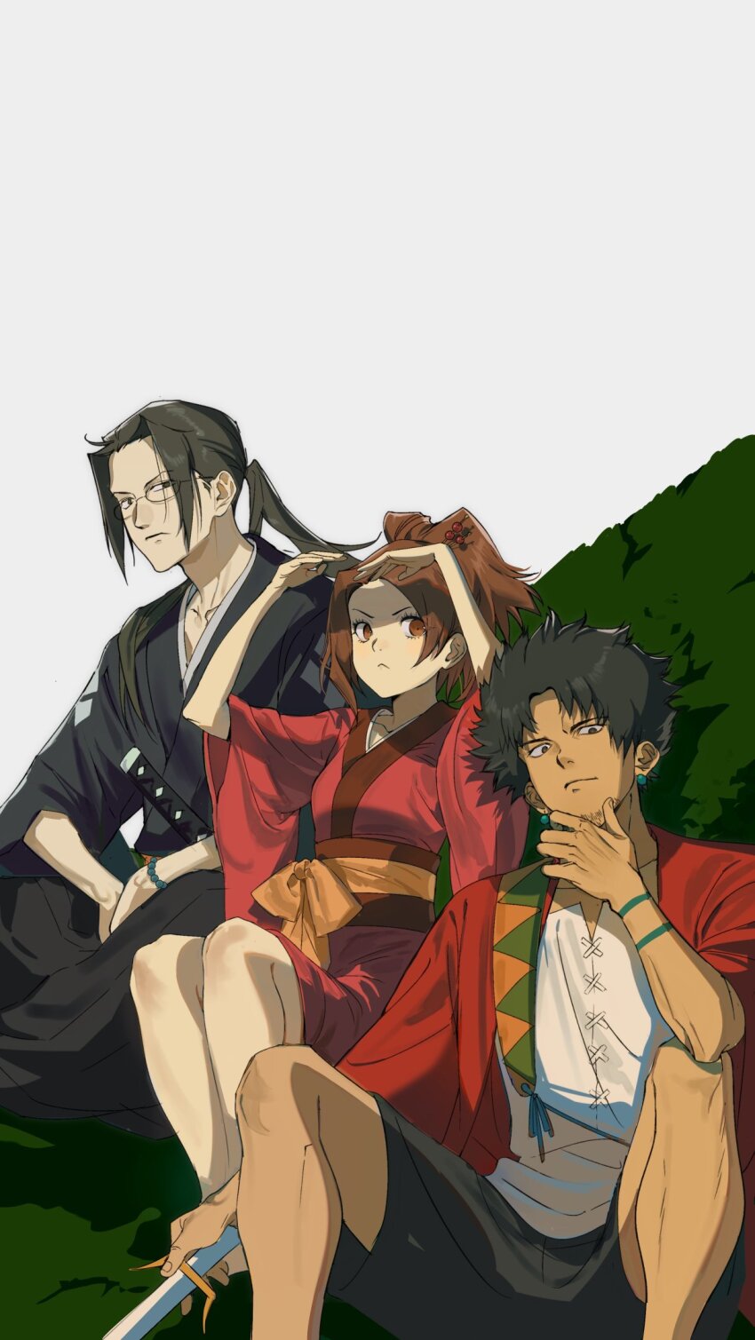 1girl, 2boys, arms_up, bead_bracelet, beads, black_eyes, black_hair, black_kimono