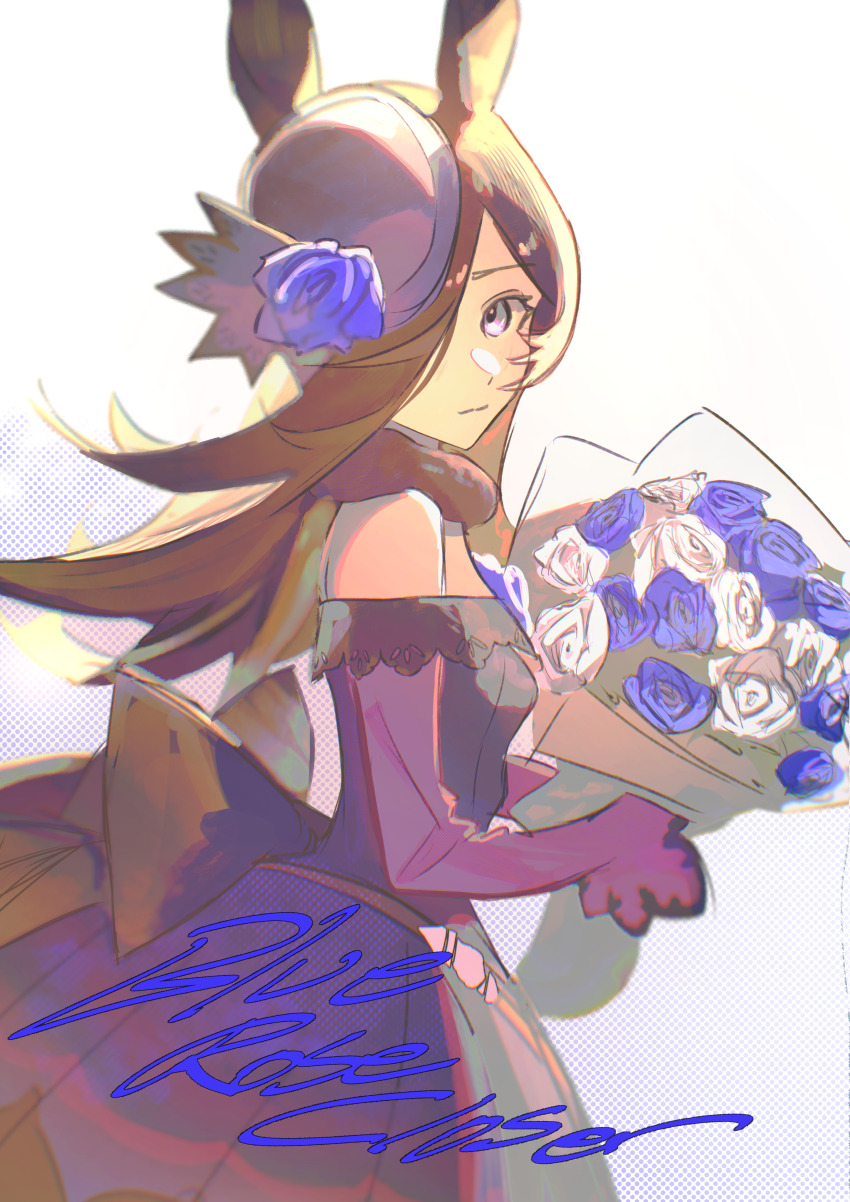 1girl, absurdres, animal_ears, bare_shoulders, black_hair, blush, bouquet, closed_mouth