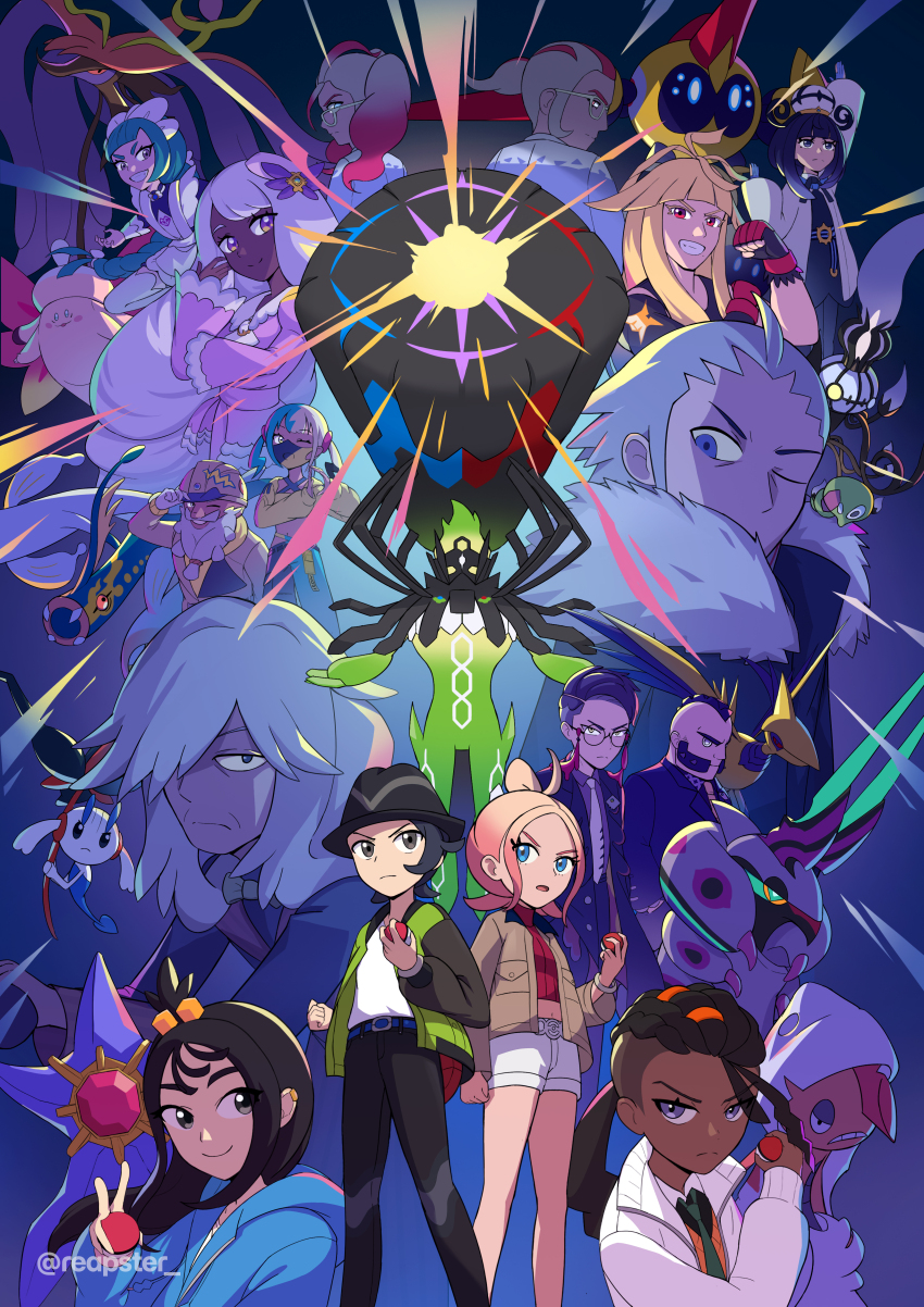 6+boys, 6+girls, absurdres, aqua_hair, arm_up, az_(pokemon), beard, belt, black_belt, black_dress, black_eyes, black_gloves, black_hair, black_hat, black_jacket, black_pants, blonde_hair, blue_belt, blue_eyes, blue_gloves, blue_jacket, blunt_bangs, blush, blush_stickers, bracelet, brown_hair, brown_helmet, brown_jacket, canari_(pokemon), chandelure, clefable, clenched_hand, closed_mouth, collared_shirt, commentary, corbeau_(pokemon), covered_mouth, cropped_jacket, cube_hair_ornament, dark-skinned_female, dark-skinned_male, dark_skin, dragalge, dress, eelektross, english_commentary, everyone, eyelashes, facial_hair, falinks, fascinator, fingerless_gloves, fire, floette, floette_(eternal), frills, fur_trim, gen_1_pokemon, gen_2_pokemon, gen_5_pokemon, gen_6_pokemon, gen_8_pokemon, glasses, gloves, gradient_hair, green_hair, green_jacket, green_necktie, grey_eyes, grin, griselle_(pokemon), grisham_(pokemon), gwynn_(pokemon), hair_ornament, hair_over_one_eye, hand_on_headwear, hand_on_own_shoulder, hat, helmet, highres, holding, holding_poke_ball, hood, hood_up, ivor_(pokemon), jacinthe_(pokemon), jacket, jewelry, lebanne_(pokemon), legendary_pokemon, lida_(pokemon), long_hair, long_sleeves, lysandre_(pokemon), maid_headdress, mask, mature_male, medium_hair, mega_chandelure, mega_clefable, mega_dragalge, mega_eelektross, mega_falinks, mega_pokemon, mega_scolipede, mega_scrafty, mega_skarmory, mega_starmie, mega_stone, midriff, mohawk, mouth_mask, multicolored_hair, multiple_boys, multiple_girls, naveen_(pokemon), navel, necktie, nintendo, one_eye_closed, open_clothes, open_jacket, open_mouth, orange_eyes, orange_vest, pants, partially_fingerless_gloves, paxton_(pokemon), philippe_(pokemon), pink_dress, pink_hair, poke_ball, poke_ball_(basic), pokemon, pokemon_(creature), pokemon_legends:_z-a, purple_eyes, purple_fire, purple_hair, purple_shirt, reapster_(tdwg3572), red_hair, red_shirt, round_eyewear, scolipede, scrafty, shirt, short_hair, shorts, skarmory, smile, split-color_clothes, split-color_hair, split_mouth, spoilers, standing, starmie, tarragon_(pokemon), taunie_(pokemon), twintails, two-tone_pants, undercut, very_long_hair, vest, white-framed_eyewear, white_background, white_gloves, white_hair, white_headdress, white_necktie, white_shirt, white_shorts, yellow_eyes, yellow_jacket, zygarde, zygarde_core