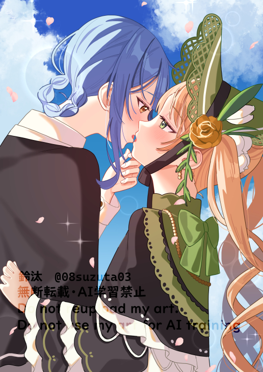2girls, 55szt, black_capelet, blonde_hair, blue_hair, blue_sky, bonnet, bow, braid, braided_hair_rings, capelet, cloud, commentary_request, day, eye_contact, falling_petals, green_bonnet, green_bow, green_eyes, hair_rings, hand_on_another's_chin, imminent_kiss, looking_at_another, mahou_shoujo_no_majo_saiban, multiple_girls, outdoors, parted_lips, petals, red_eyes, sky, tachibana_sherry, tono_hanna, twintails, yuri