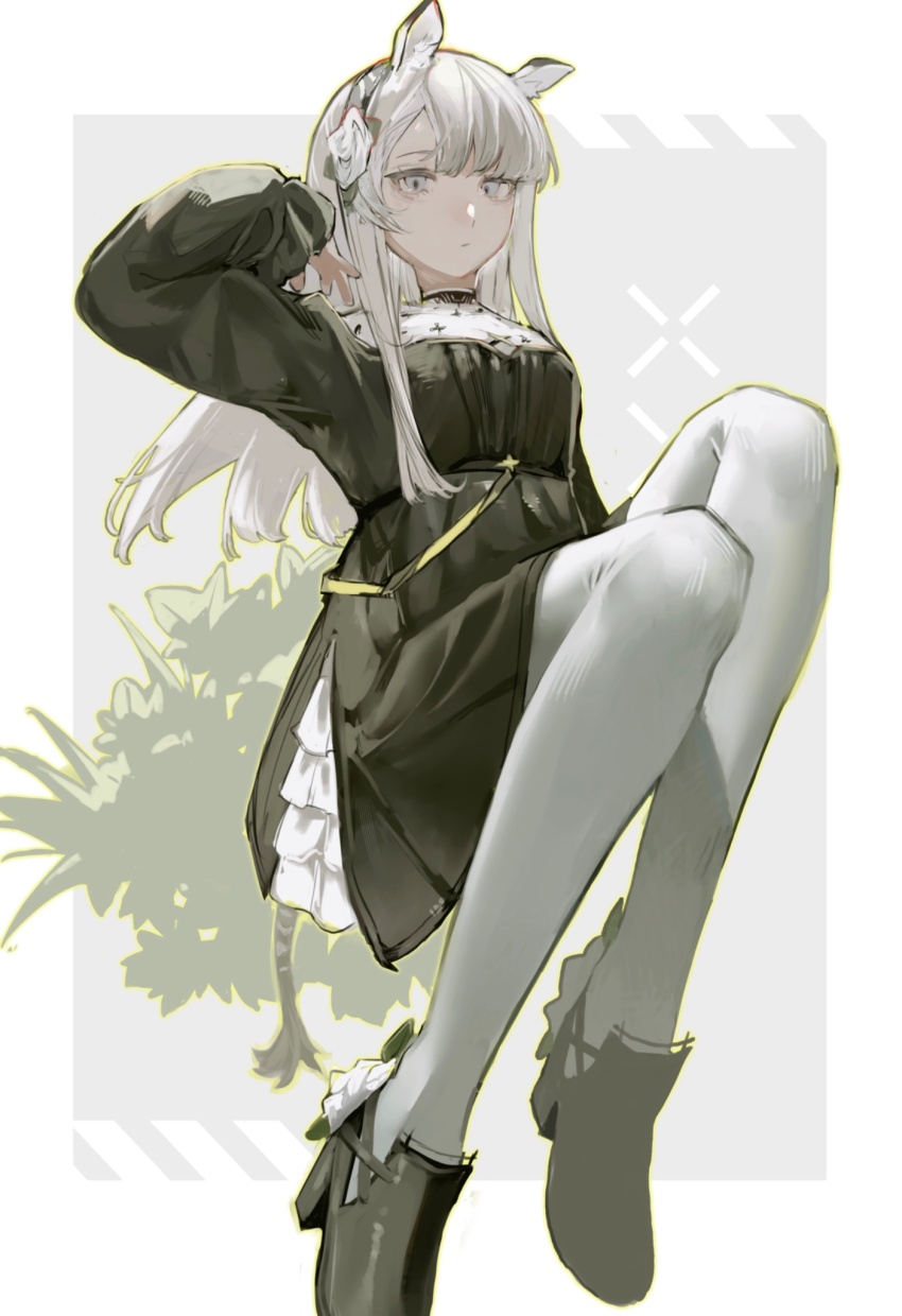 1girl, animal_ears, arknights, black_dress, black_shoes, commentary_request, dress, flower