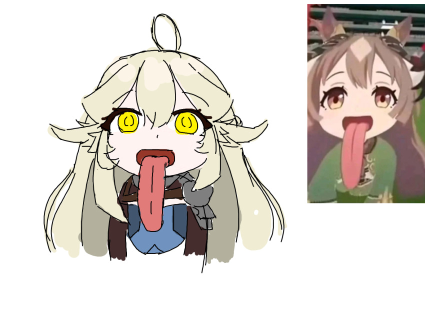 ahoge, armor, indie_virtual_youtuber, matoi_miia, meatscepter, satono_diamond_(umamusume), tongue, tongue_out, umamusume, virtual_youtuber, white_hair, yellow_eyes