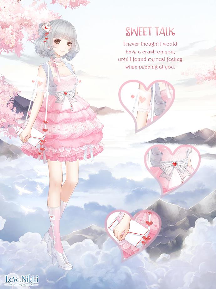 1girl, artist_request, bag, bare_shoulders, blunt_bangs, boots, bow, bow_choker, bowtie, branch, breasts, brown_eyes, bubble_skirt, character_name, cherry_blossoms, choker, cleavage, close-up, closed_mouth, cloud, collared_vest, copyright_logo, dawn, detached_sleeves, dot_nose, dress, dress_bow, earrings, english_text, envelope_earrings, envelope_hair_ornament, envelope_print, eyelashes, flower, frilled_choker, frilled_dress, frilled_sleeves, frills, full_body, grey_hair, grey_vest, hair_bun, hair_ornament, happy, heart, heart_hair_ornament, heart_print, high_heel_boots, high_heels, jewelry, kneehighs, lace-up_boots, letter, light_blush, logo, looking_at_viewer, love_letter, medium_breasts, miracle_nikki, mountain, nikki_(series), official_art, open_clothes, open_vest, outdoors, pink_bow, pink_bowtie, pink_choker, pink_dress, pink_flower, pink_socks, print_sleeves, print_socks, puffy_short_sleeves, puffy_sleeves, ringlets, see-through_clothes, see-through_sleeves, short_dress, short_hair, short_sleeves, shoulder_bag, single_side_bun, skirt, sleeveless, sleeveless_dress, smile, socks, solo, spring_(season), standing, striped_bow, sweet_talk_(miracle_nikki), tareme, third-party_source, valentine, vest, waist_bow, white_background, white_boots, white_bow, white_sleeves