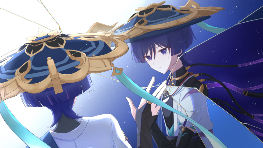 1boy, absurdres, against_glass, aqua_sleeves, armor, belt, black_belt, black_bodysuit, black_bow, black_bridal_gauntlets, black_kimono, blue_background, blue_cape, blue_hair, blue_hat, blue_kimono, blunt_ends, bodysuit, bow, bridal_gauntlets, cable, cape, closed_mouth, commentary_request, crack, cracked_glass, different_reflection, expressionless, eyeliner, eyeshadow, genshin_impact, gold, gold_ring, gradient_background, h1n_as, hand_on_glass, hat, highres, japanese_armor, japanese_clothes, jewelry, jingasa, juban, kimono, kote, kurokote, layered_sleeves, looking_at_self, makeup, male_focus, mandala, mandarin_collar, middle_ring, multicolored_hair, neck_ring, open_clothes, open_kimono, purple_hair, purple_pupils, red_eyeliner, red_eyeshadow, red_kimono, reflection, scaramouche_(genshin_impact), short_sleeves, streaked_hair, tsurime, twitter_username, wanderer_(genshin_impact), white_background, white_kimono, white_sleeves, wispy_bangs