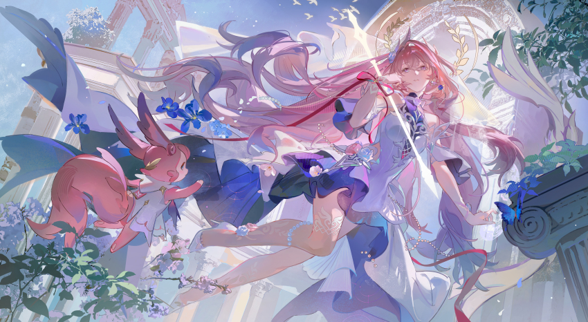 1girl, 1other, absurdres, arrow_(projectile), bird, blue_flower, blue_sky, closed_mouth