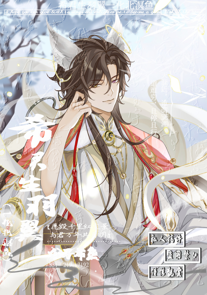 1boy, animal_ear_piercing, animal_ears, blurry, blurry_background, brown_hair, cape, chinese_clothes