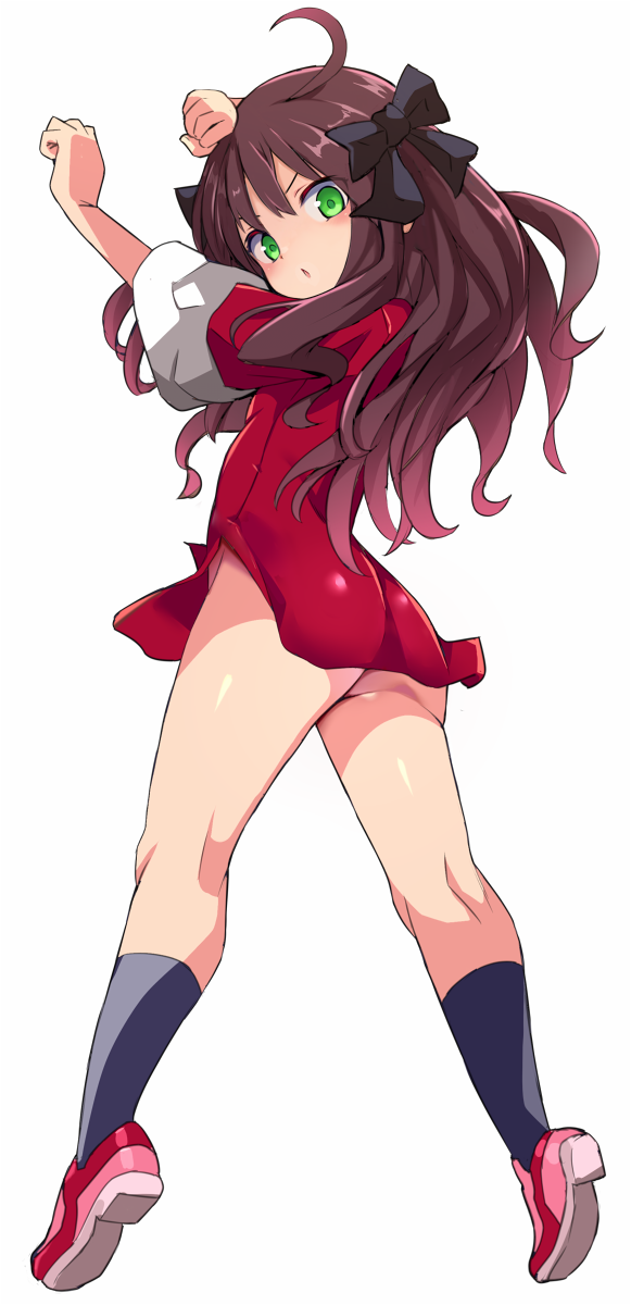 1girl, ahoge, angry, ankle_socks, arima_miyako, arms_up, ass, black_ribbon, black_socks, blush, brown_hair, chinese_clothes, coat, commentary_request, from_behind, green-eyes, haiir_between_eyes, hair_ornament, highres, karukan_(monjya), long_hair, looking_at_viewer, melty_blood, melty_blood:_type_lumina, no_panties, open_mouth, pink_shoes, red_coat, ribbon, shoes, simple_background, sleeves_rolled_up, socks, solo, tangzhuang, thick-thighs, tsukihime, tsukihime_(remake), white_background