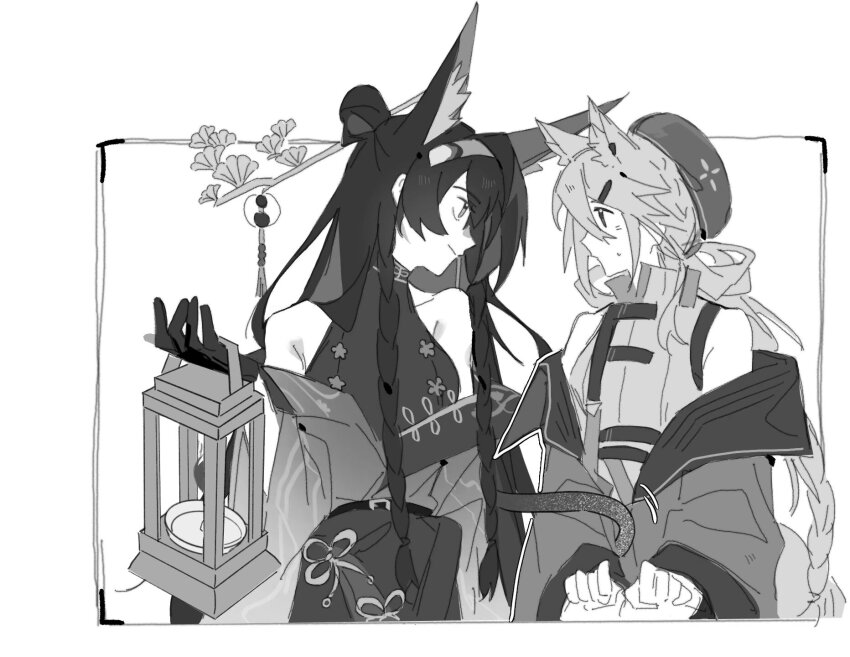 2girls, adoptive_siblings, ambience_synesthesia, animal_ears, arknights, bare_shoulders, beret, black_hair