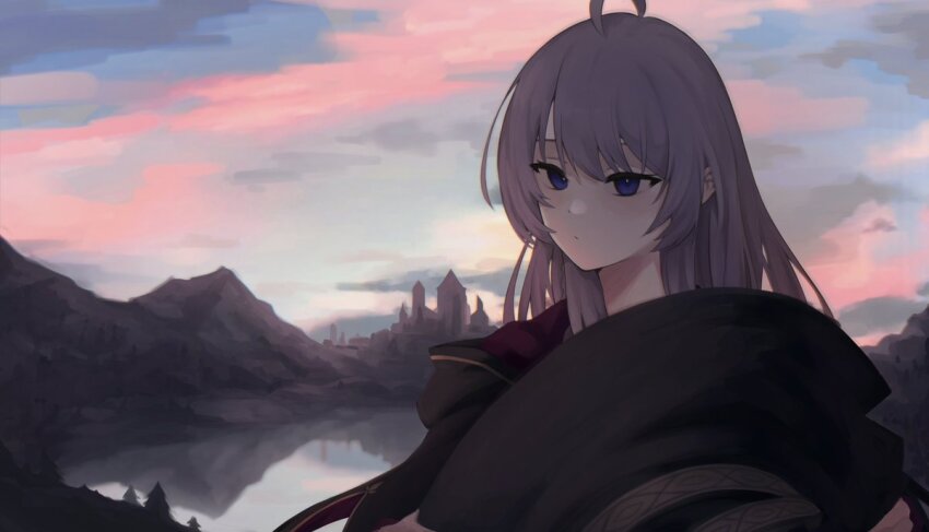 1girl, ahoge, ateri_illust, black_hat, black_robe, blue_eyes, braid, commentary