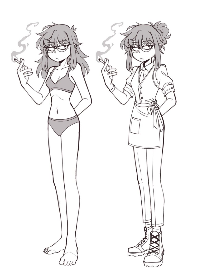 1girl, barefoot, bra, breasts, cigarette, commentary, crunnchy, dress-up