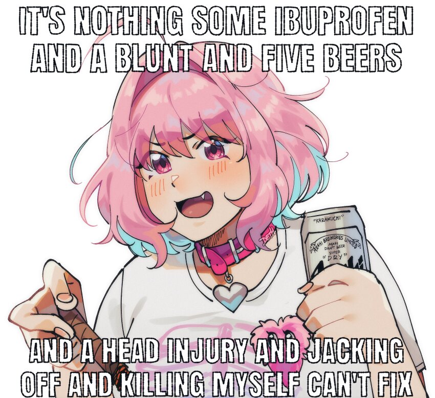 1girl, ahoge, alcohol, asahi_breweries, beer, blue_hair, blush, can