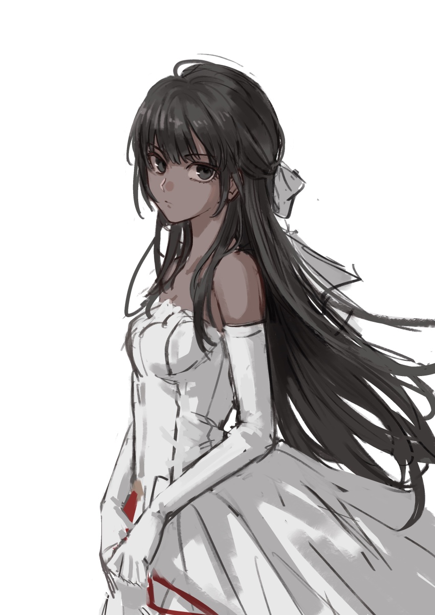 1girl, absurdres, baixiang1234567, bare_shoulders, black_eyes, black_hair, commentary_request, dark-skinned_female, dark_skin, dress, elbow_gloves, fate/strange_fake, fate_(series), gloves, hair_ribbon, half_updo, highres, long_hair, looking_at_viewer, ribbon, simple_background, strapless, strapless_dress, tine_chelc, upper_body, white_background, white_dress, white_gloves