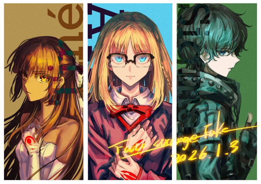 1boy, 2girls, baixiang1234567, blonde_hair, blue_eyes, braid, brown_hair, command_spell