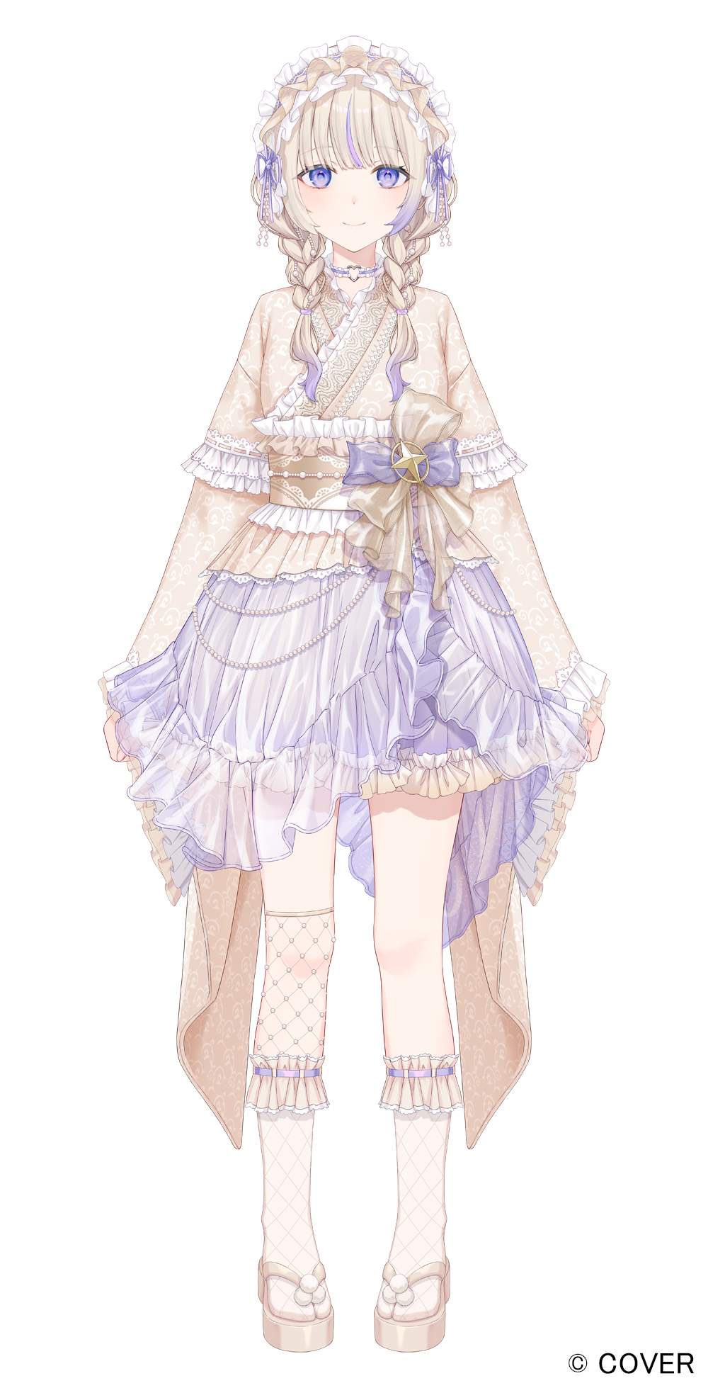 1girl, asymmetrical_legwear, blonde_hair, blunt_bangs, braid, choker, closed_mouth, commentary_request, copyright_name, fishnet_socks, fishnet_thighhighs, fishnets, frilled_kimono, frilled_skirt, frills, full_body, hair_over_shoulder, hairband, heart, heart_o-ring, highres, hololive, hololive_dev_is, japanese_clothes, kimono, lolita_hairband, long_hair, low_twin_braids, multicolored_hair, o-ring, o-ring_choker, obi, official_alternate_costume, official_alternate_hairstyle, official_art, okobo, over-kneehighs, platform_sandals, purple_eyes, purple_hair, purple_skirt, purple_streaks, sandals, sash, see-through_skirt_layer, single_over-kneehigh, single_thighhigh, skirt, smile, socks, solo, streaked_hair, tabi, tachi-e, thighhighs, todoroki_hajime, todoroki_hajime_(new_year), twin_braids, two-tone_hair, uneven_legwear, virtual_youtuber, white_choker, white_kimono, white_socks, wide_sleeves, yako_mashiro