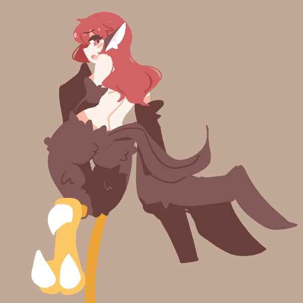 1girl, animal_ears, big_o_pants, bird_ears, bird_legs, bird_tail, blush_stickers, brown_background