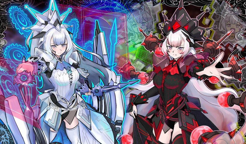 2girls, black_dress, black_thighhighs, black_tiara, blush, closed_mouth, clothes_lift, commentary_request