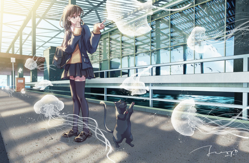 1girl, absurdres, artist_name, bag, black_bag, black_cat, black_eyes, black_hair