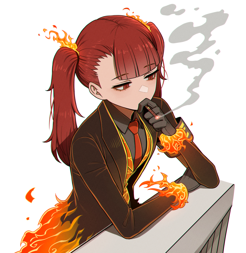 1girl, alyssa_(project_moon), ardor_blossom_star_(e.g.o), black_gloves, blunt_bangs, brown_coat, cigarette, coat, covered_mouth, e.g.o_(project_moon), fire, gloves, grey_shirt, highres, holding, holding_cigarette, limbus_company, misg1111, necktie, project_moon, red_eyes, red_hair, red_necktie, shirt, smoking, solo, twintails, vest
