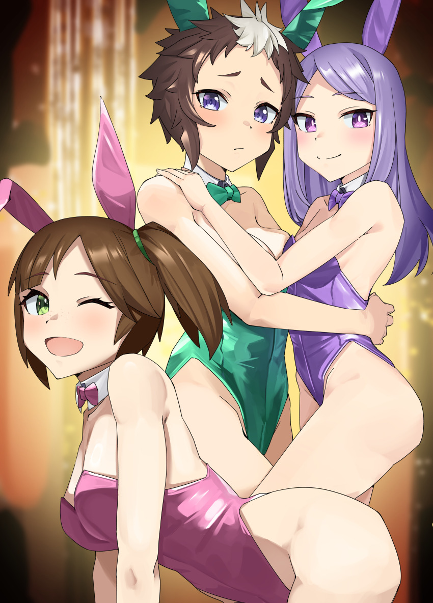 3girls, absurdres, all_fours, animal_ear_hairband, animal_ears, bow, bowtie, breasts, commentary_request, detached_collar, eros_no_kami, fake_animal_ears, green_bow, green_bowtie, green_eyes, green_leotard, hairband, highres, hug, humanization, ines_fujin_(umamusume), leotard, medium_breasts, mejiro_mcqueen_(umamusume), mejiro_ryan_(umamusume), multicolored_hair, multiple_girls, pink_bow, pink_bowtie, pink_leotard, playboy_bunny, purple_bow, purple_bowtie, purple_eyes, purple_hair, purple_leotard, rabbit_ears, short_hair, side_ponytail, small_breasts, strapless, strapless_leotard, two-tone_hair, umamusume, white_hair