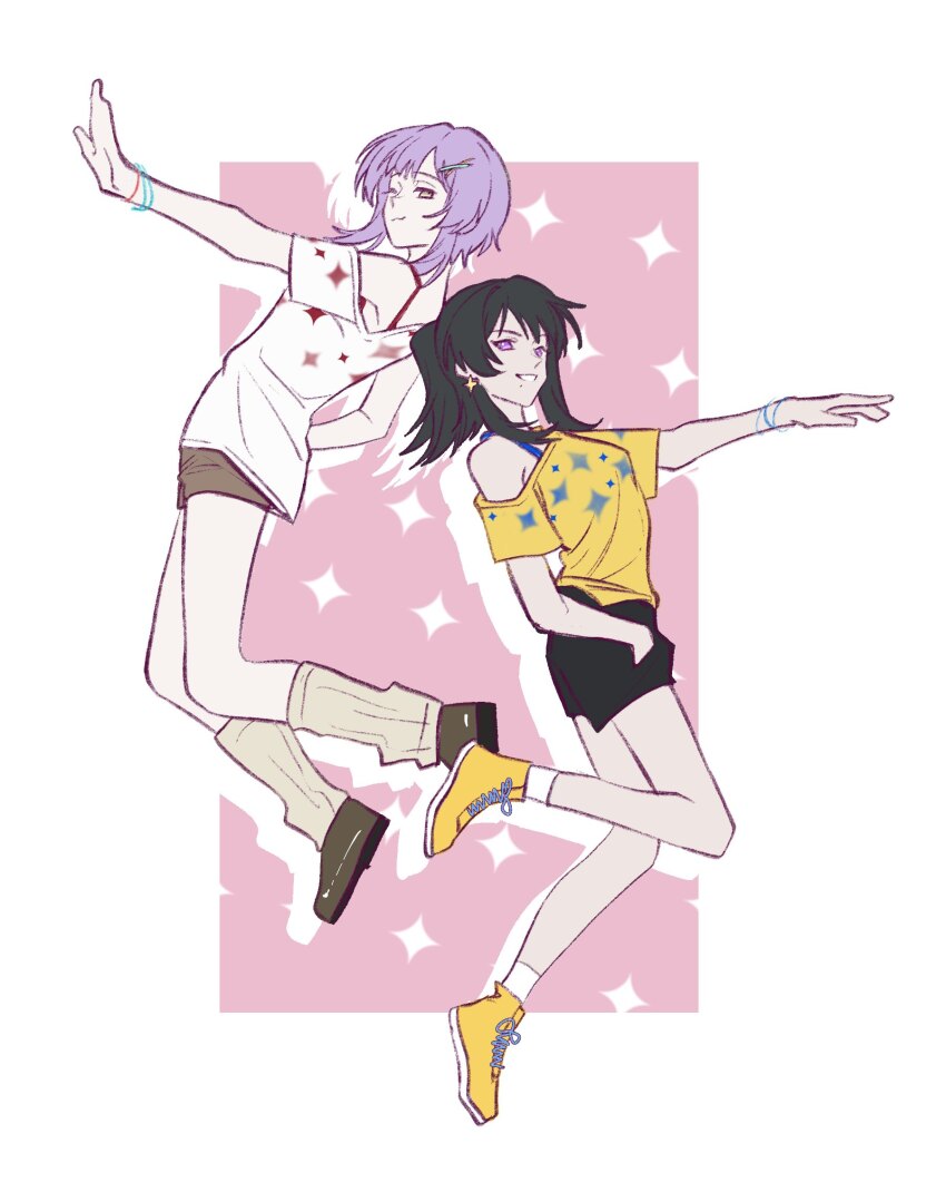 2girls, :3, bang_dream!, bang_dream!_it's_mygo!!!!!, black_hair, black_shorts, bra_strap, brown_leg_warmers