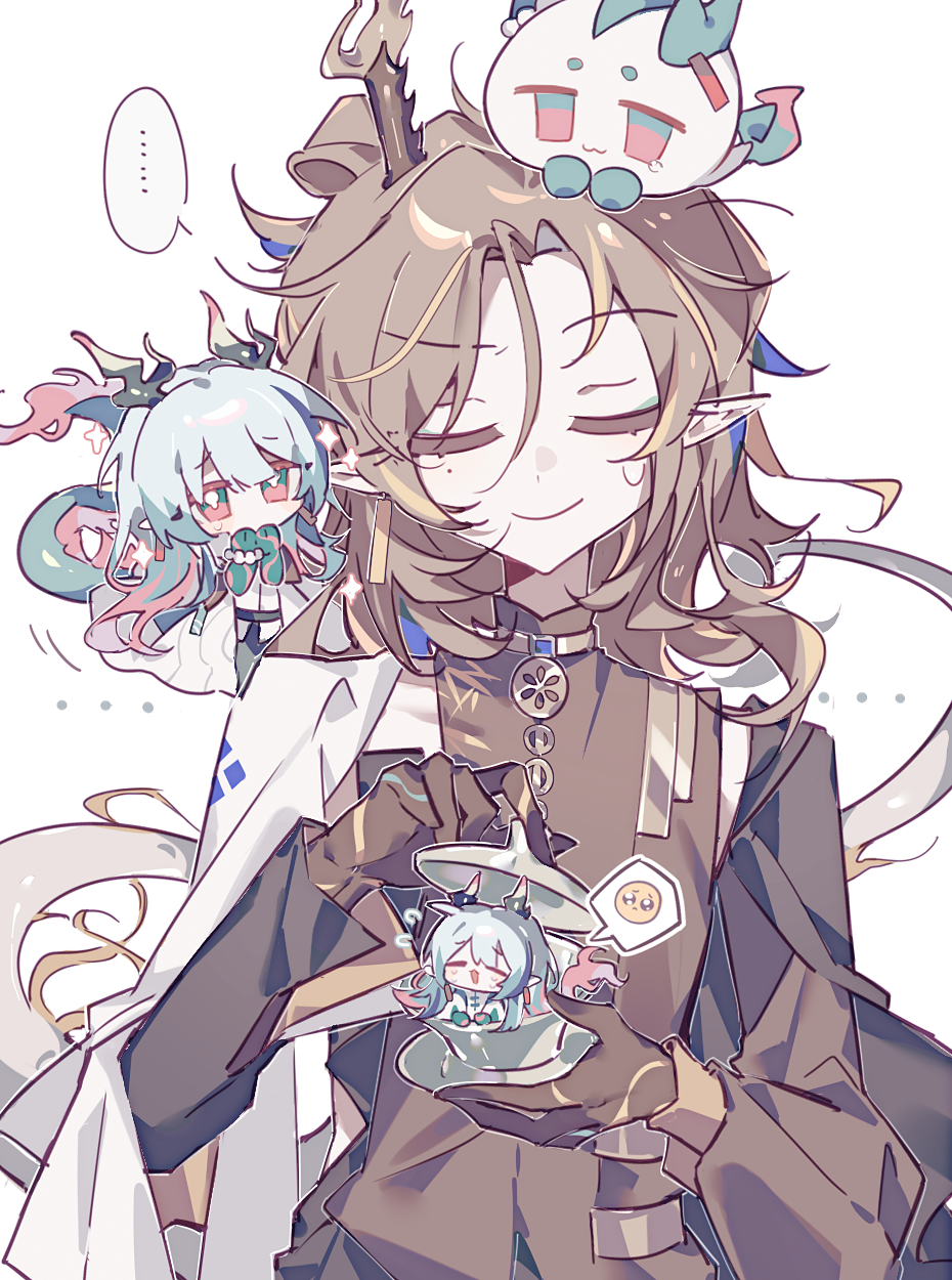 ..., 3boys, arknights, brown_hair, brown_hands, brown_robe, chibi, chinese_commentary