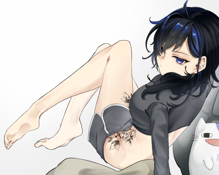 <o>_<o>, 1girl, :d, absurdres, alternate_costume, artist_request, ayase_yuu, barefoot, black_streaks, blue_eyes, cat, commentary_request, crop_top, cross, cross_earrings, dolphin_shorts, earrings, grey_shirt, grey_shorts, highres, hip_tattoo, jewelry, long_hair, looking_at_viewer, open_mouth, phase_connect, shirt, shorts, sitting, smile, tattoo, virtual_youtuber, yuunion_(ayase_yuu)
