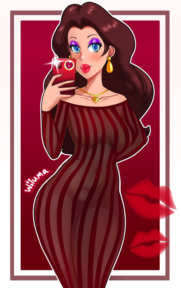 1girl, blue_eyes, blush, breasts, brown_hair, dress, earrings, heart