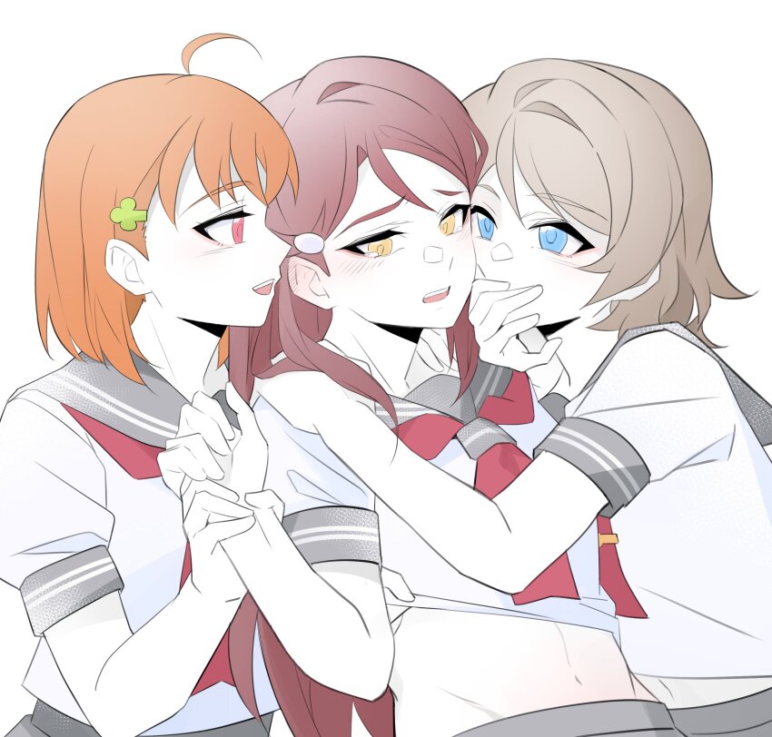 3girls, absurdres, achin_(putsi_2025), blue_eyes, blush, clothes_lift, commentary, covering_another's_mouth, ear_blush, girl_sandwich, grey_hair, grey_sailor_collar, highres, love_live!, love_live!_sunshine!!, medium_hair, midriff, multiple_girls, neckerchief, open_mouth, orange_hair, pink_eyes, red_hair, red_neckerchief, sailor_collar, sakurauchi_riko, sandwiched, school_uniform, serafuku, shirt, shirt_lift, simple_background, smile, takami_chika, uranohoshi_school_uniform, watanabe_you, white_background, white_shirt, yellow_eyes, yuri