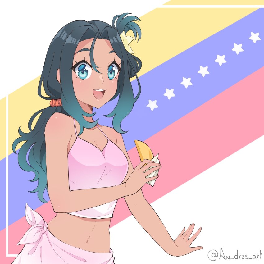 1girl, an_dres_art, arepa, artist_name, bare_shoulders, black_hair, blue_eyes, breasts, commentary, english_commentary, fingernails, flower, food, hair_flower, hair_ornament, highres, holding, holding_food, long_hair, looking_at_viewer, navel, open_mouth, pink_shirt, shiroi_suna_no_aquatope, shirt, sleeveless, small_breasts, solo, teeth, upper_body, upper_teeth_only, venezuela, venezuelan_flag, white_background, yonekura_marina