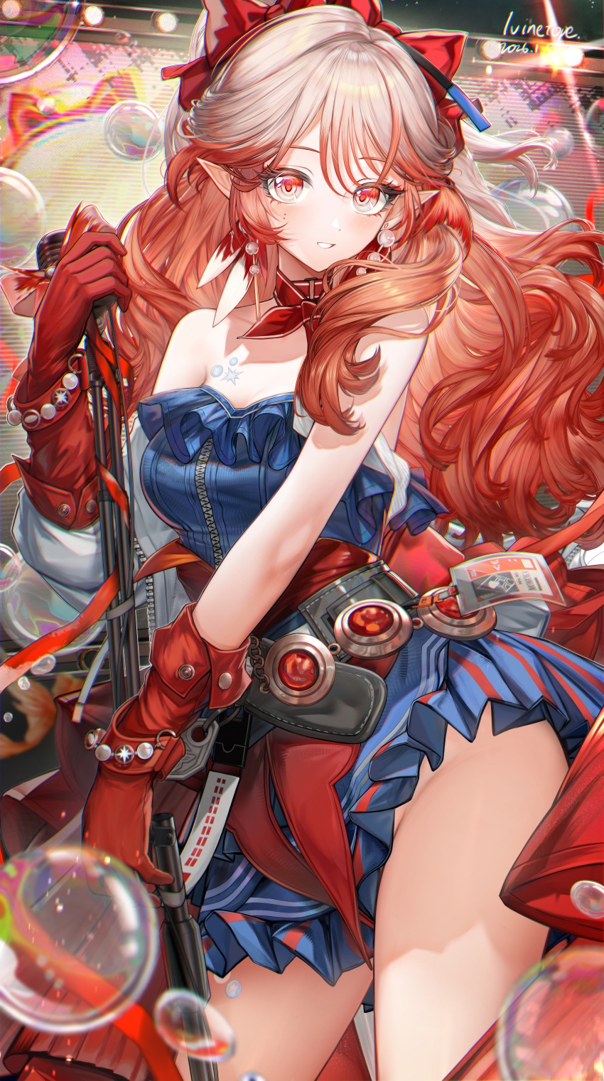 1girl, absurdres, arknights, artist_name, bare_shoulders, blue_dress, blush, bow