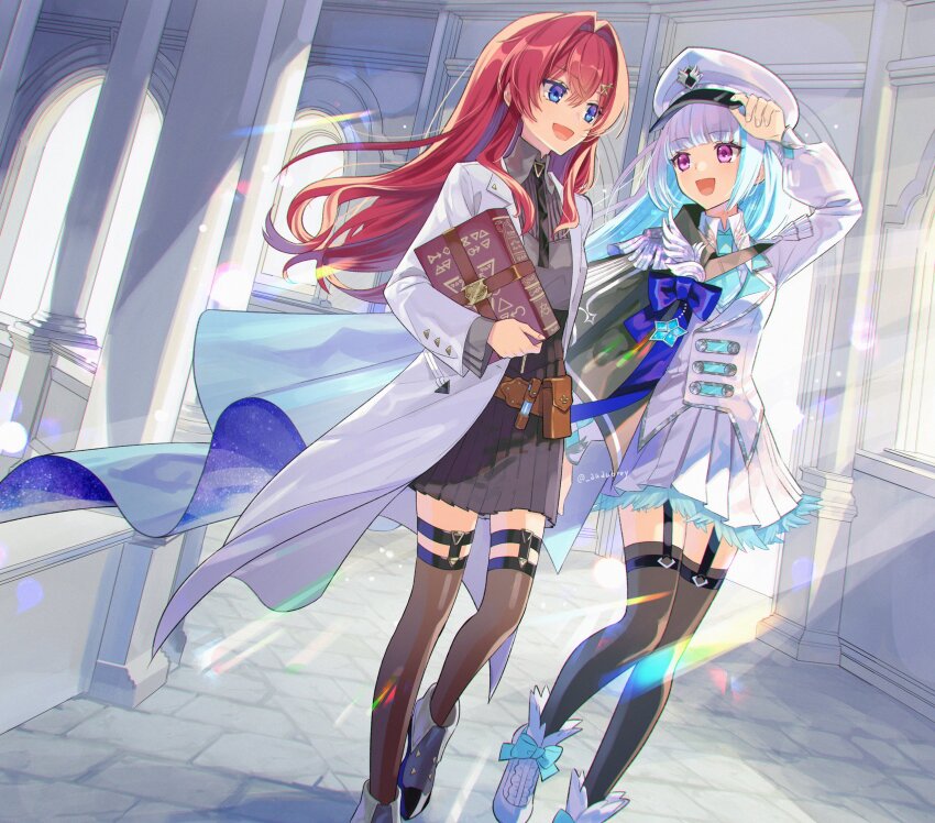 2girls, :d, adjusting_clothes, adjusting_headwear, ange_katrina, ange_katrina_(lab_coat), arm_up, aubrey_(kyarairo)