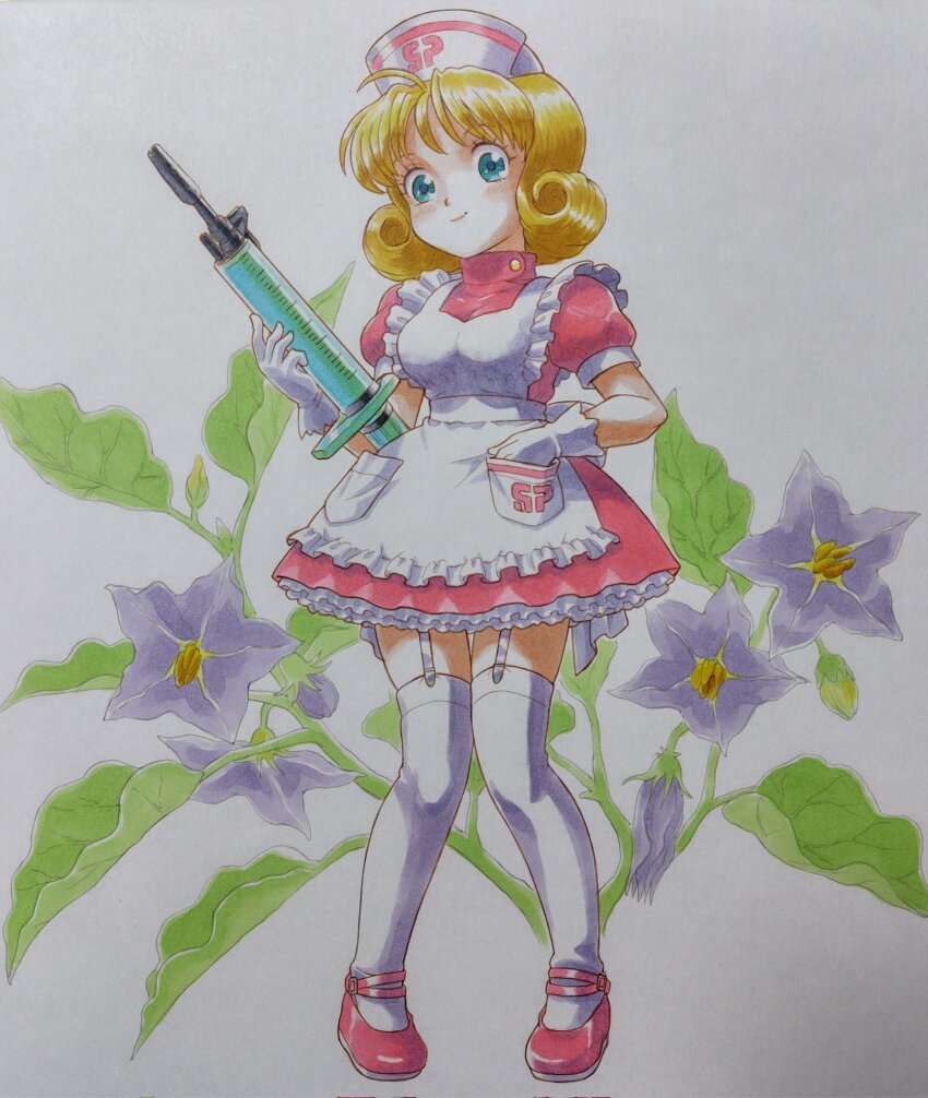 1girl, apron, blonde_hair, blue_eyes, bud, closed_mouth, commentary_request, dress