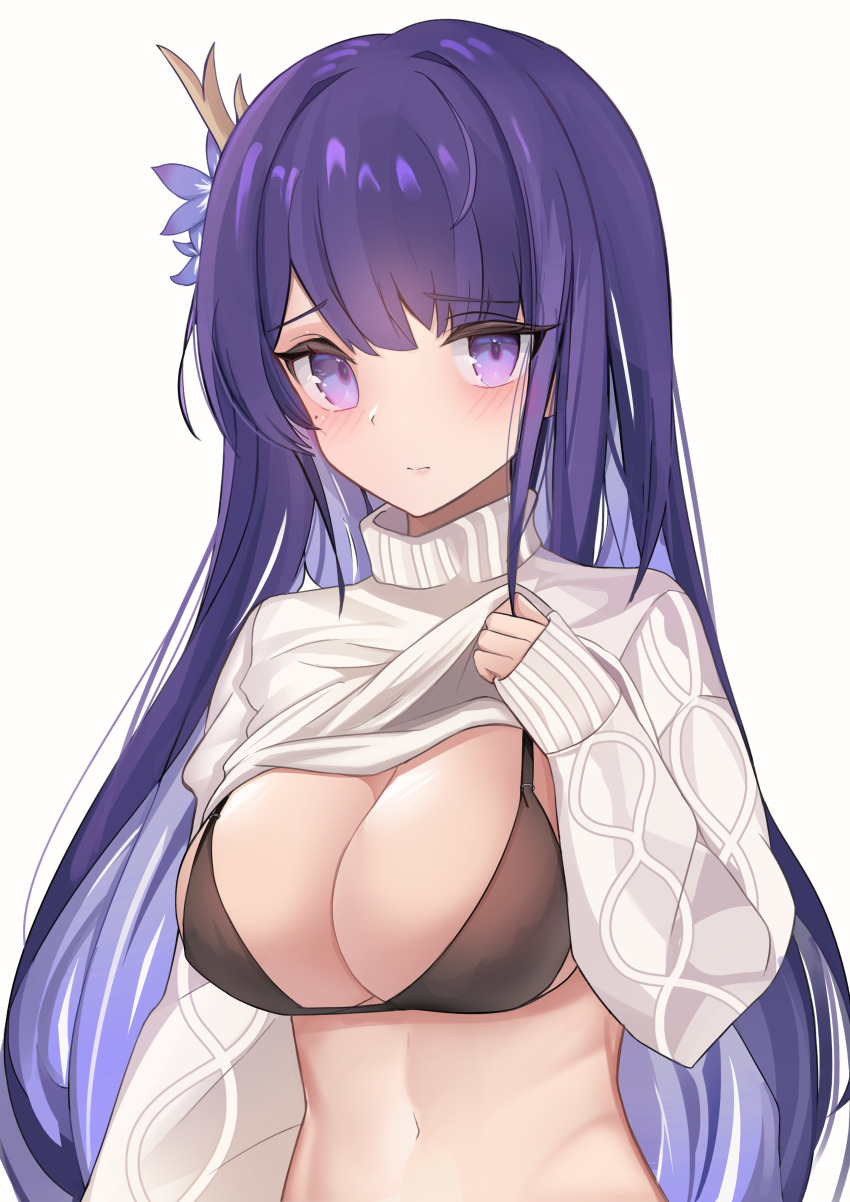 1girl, absurdres, alternate_costume, anguss, black_bra, blunt_bangs, blush, bra