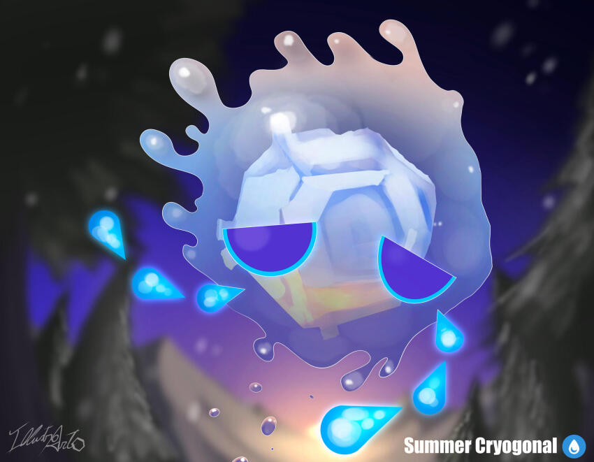 1other, alternate_design, alternate_form, blue_eyes, blurry, blurry_background, character_name, commentary, cryogonal, dappled_sunlight, english_text, evening, facing_ahead, facing_viewer, fakemon, fivizzaniluke, floating, flying_teardrops, forest, gen_5_pokemon, half-closed_eyes, highres, ice, melting, mountain, mountainous_horizon, nature, nintendo, no_humans, outdoors, pine_tree, pokemon, pokemon_(creature), purple_sky, signature, sky, snowflakes, solo, sunlight, sunset, teardrop, tree, vignetting, water, water_drop