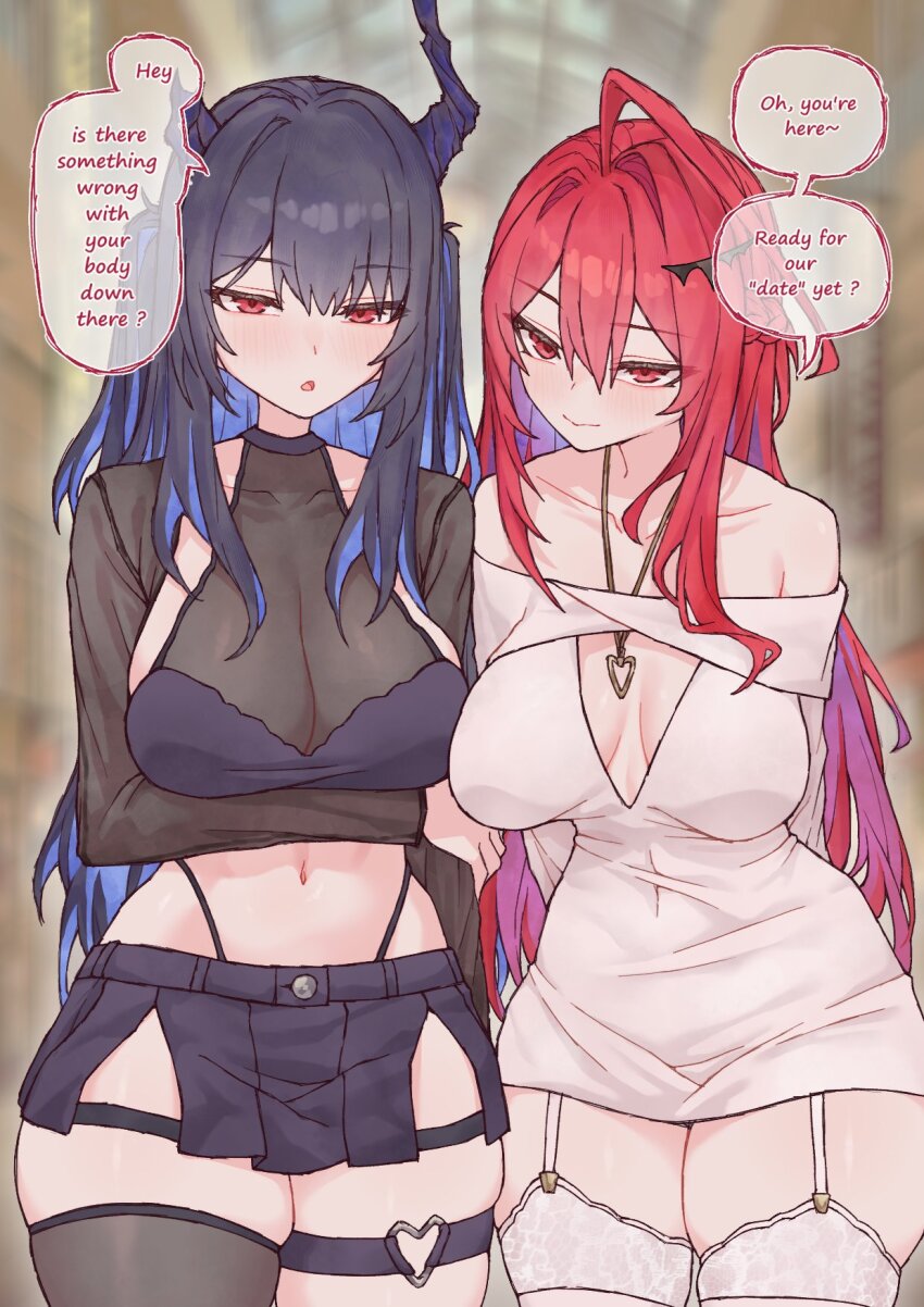 2girls, ahoge, alternate_costume, arms_behind_back, asymmetrical_horns, asymmetrical_legwear, black_hair, black_shorts